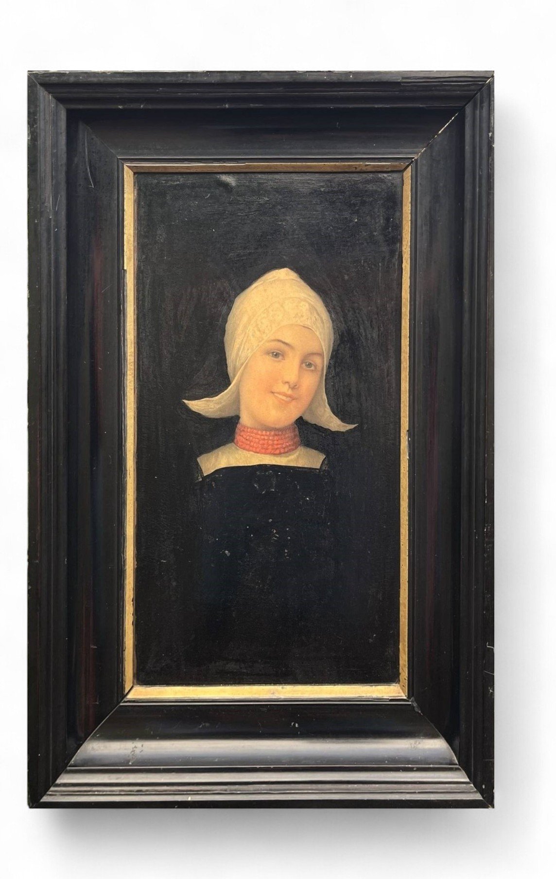 Vintage painting/print, Dutch girl with red beaded necklace